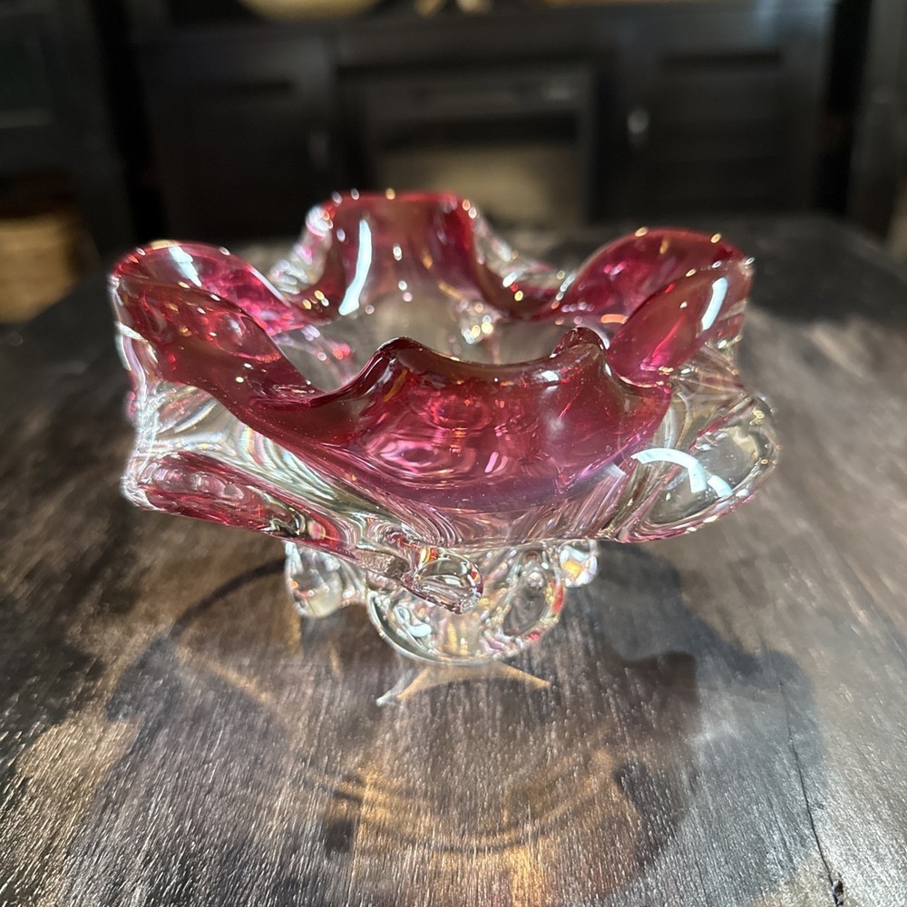 VTG Murano Cranberry Art Glass Bowl Flower Ashtray Hand Blown Pink Clear